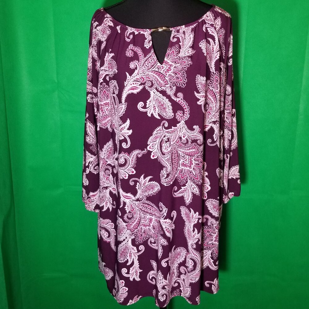 Roz & Ali Paisley Top Keyhole Neck Tunic Purple Womens Size L Boho Office Party